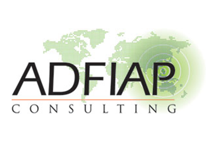A text logo with ADFIAP Consulting text has a background of map of asia